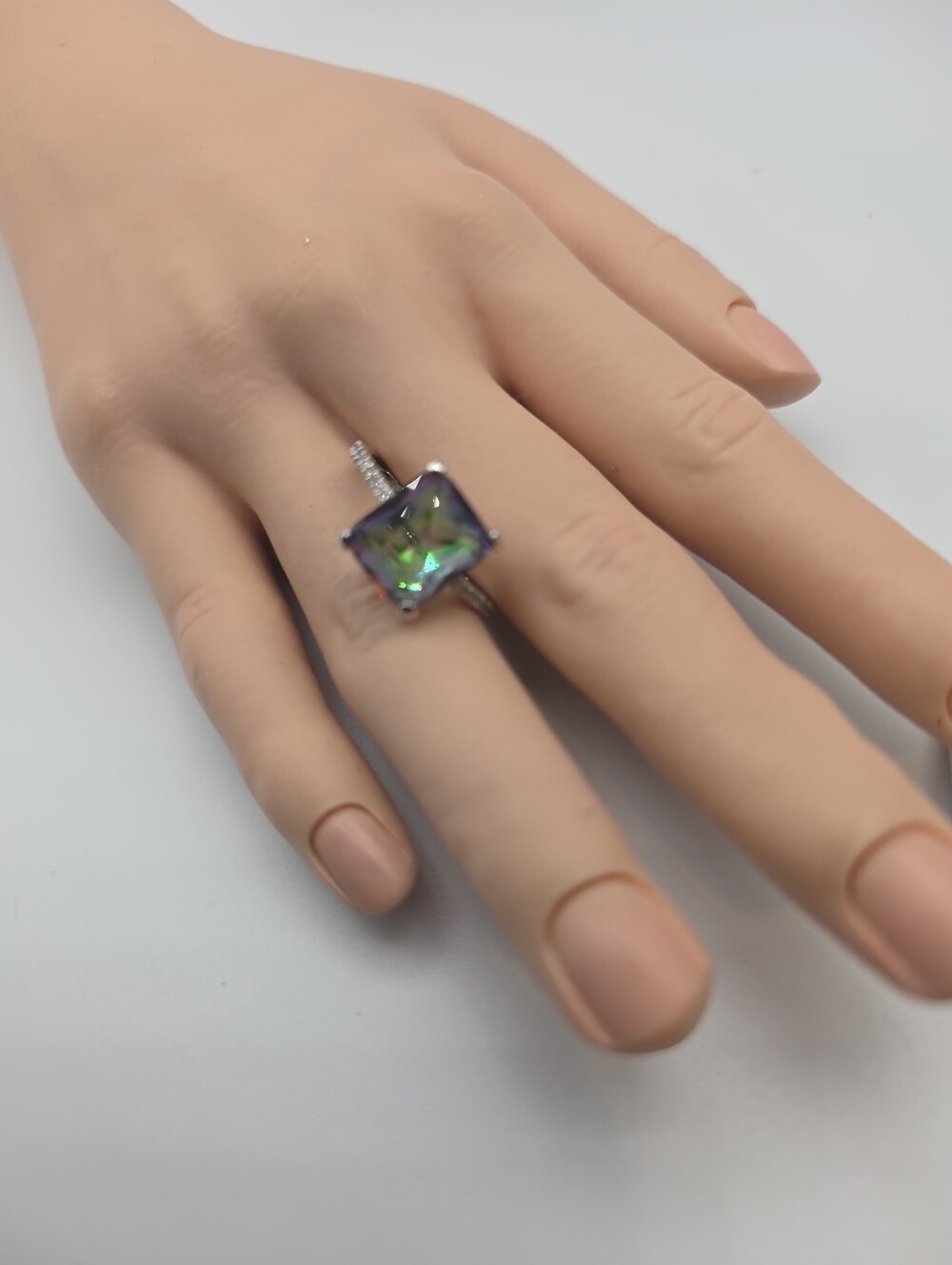Silver Ring with Square Mystic Green Gem. Size 9